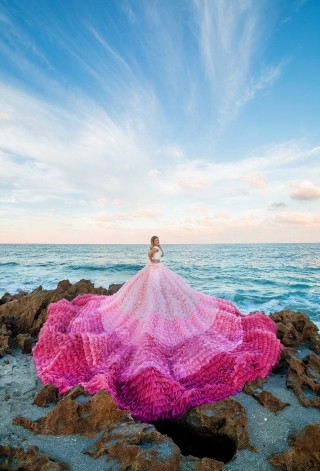 pink ombre tiered huge long train two piece formal dress