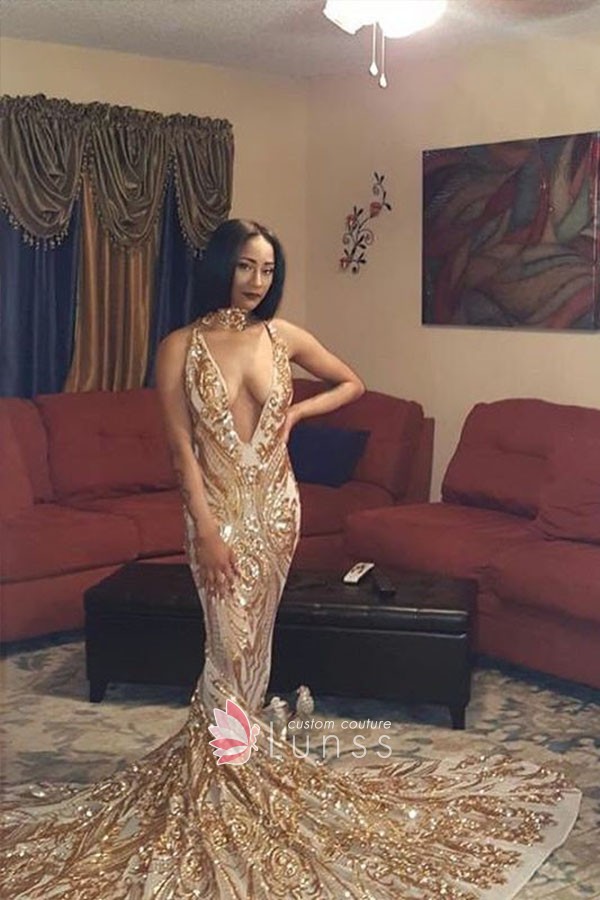 plunging v neck gold sequin african american prom dress
