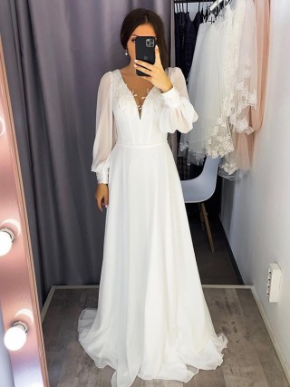 princess ivory chiffon puffy sleeve a line wedding dress