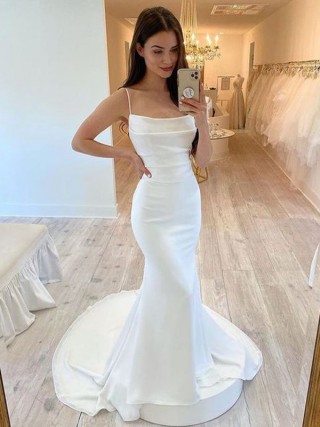 ruched white satin spaghetti straps mermaid bridal dress