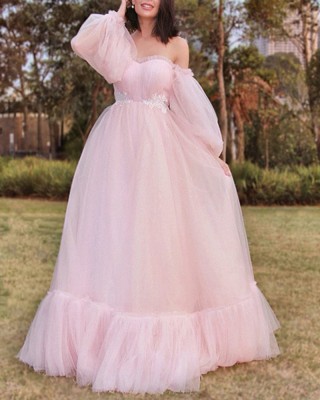 ruffled off the shoulder puff sleeve baby pink prom dress