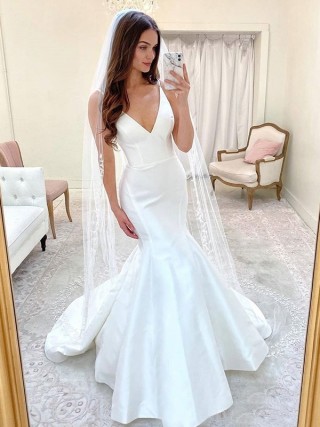 spaghetti straps v neck mermaid satin wedding dress