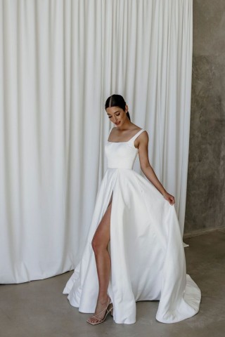 square neck ivory satin thigh high slit wedding dress