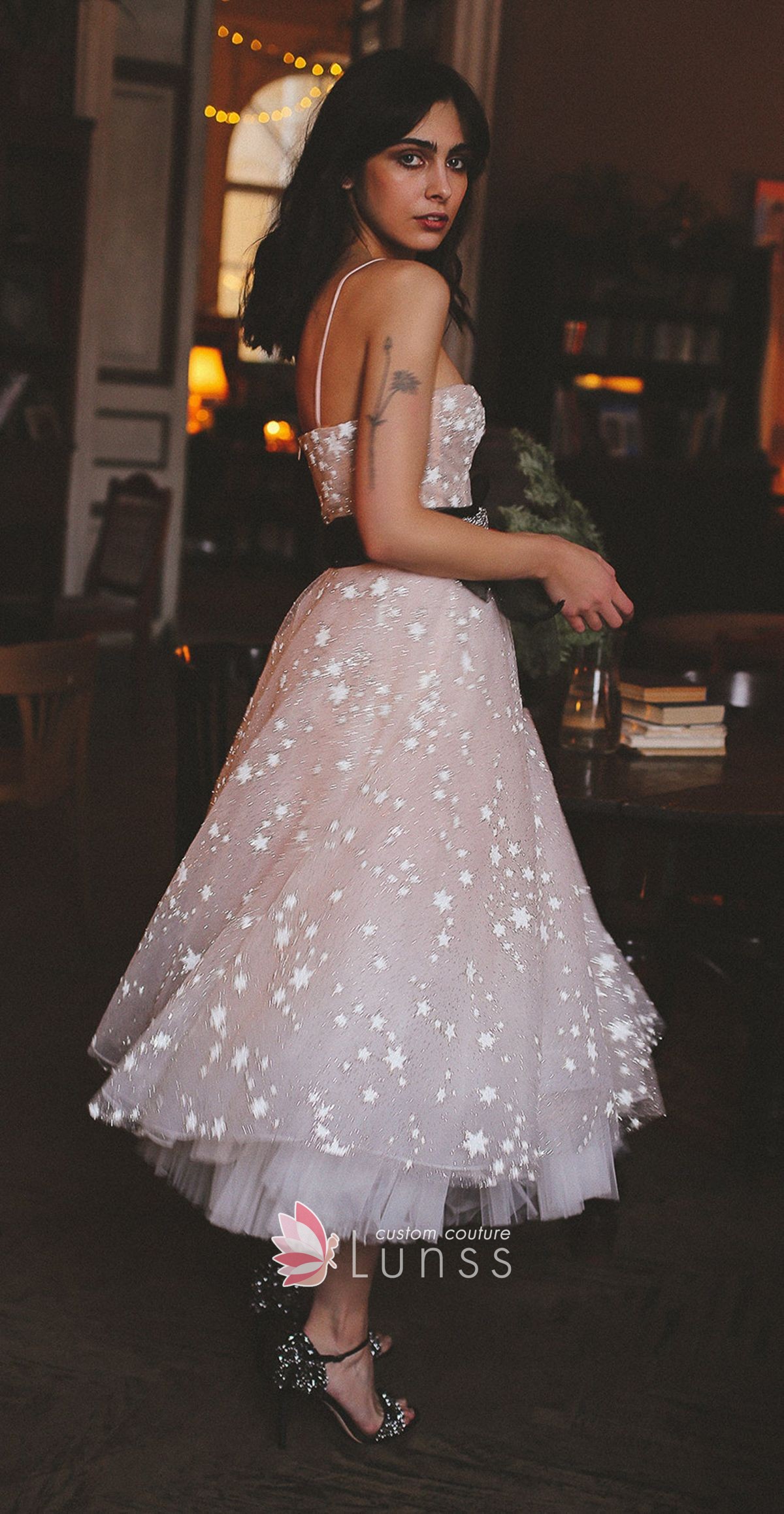 tea length dress covered with stars and silver sequins tea length dress covered with stars and silver sequins