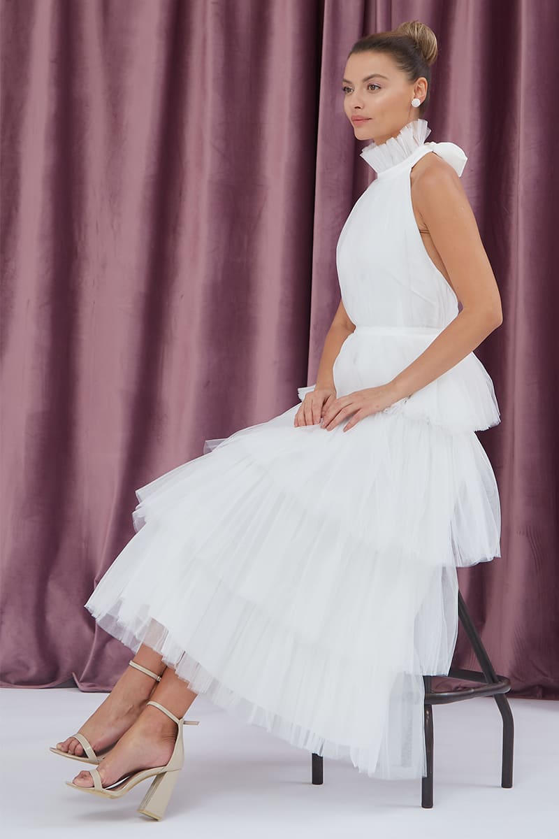 tiered white tulle halter neck dress tiered white tulle halter neck dress