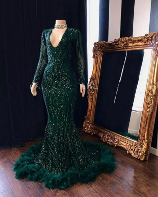 unique dark green sequin feather train prom dress