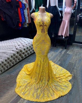unique geometric pattern yellow sequin mermaid prom dress