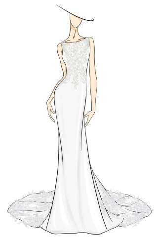 white lace appliqued sleek mermaid bridal dress sketch