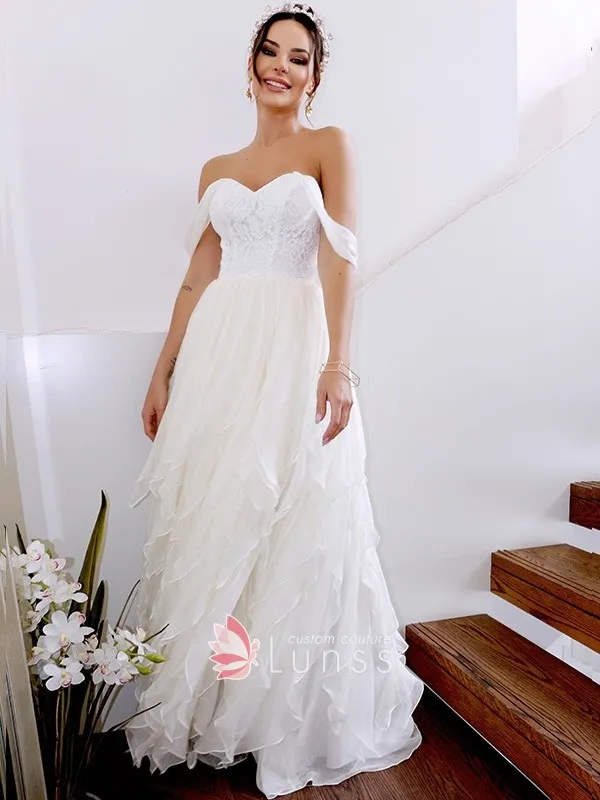 white lace ruffled chiffon bridal dress