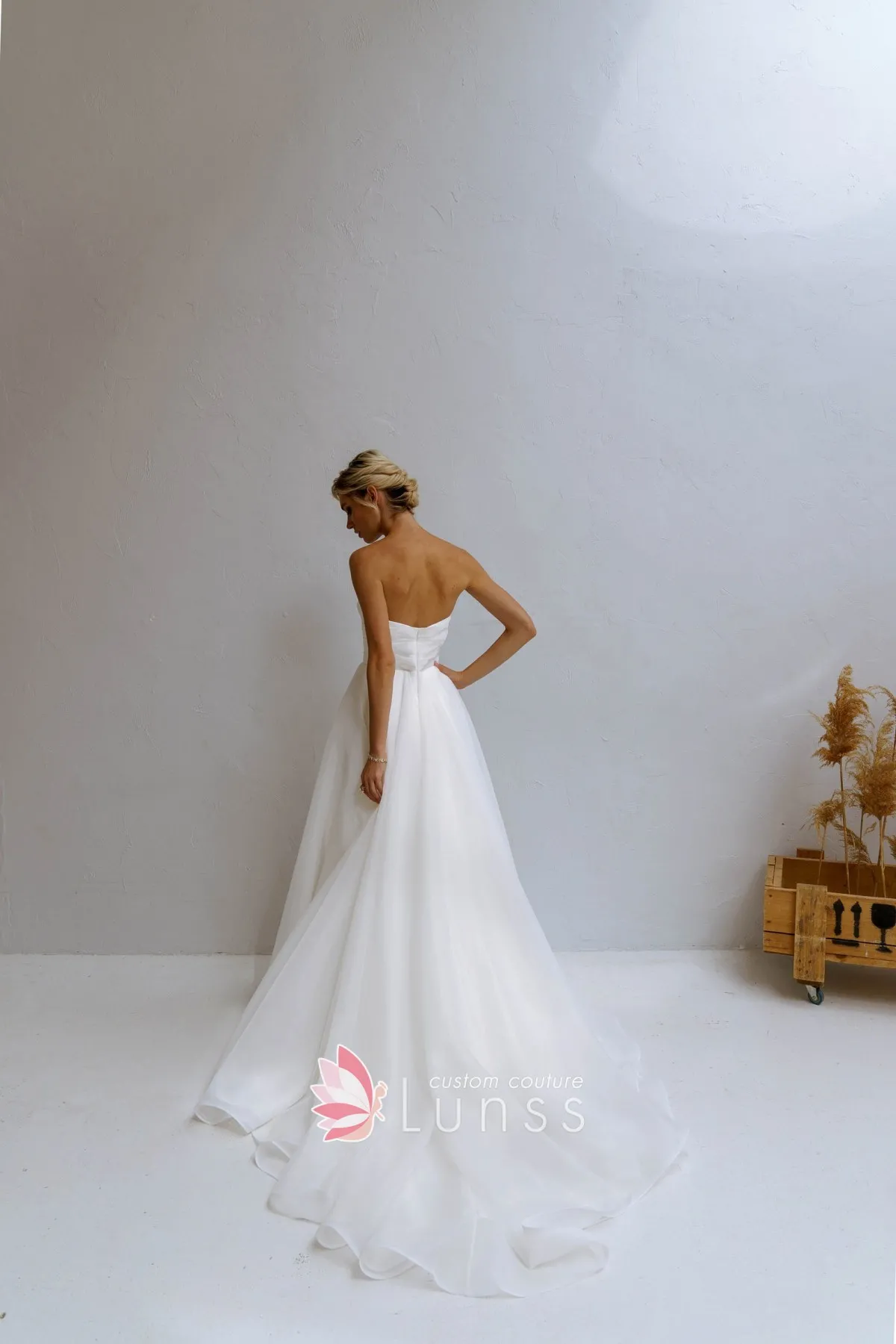 white organza long wedding dress with side thigh high slit and chapel train white organza long wedding dress with side thigh high slit and chapel train