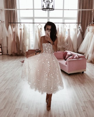 wild stars glitter blush tulle tea length party dress