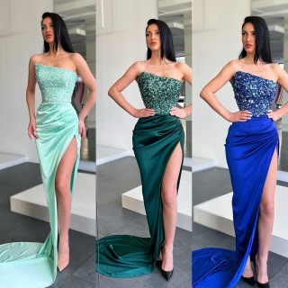 asymmetrical straight neck sequin and satin slit dress