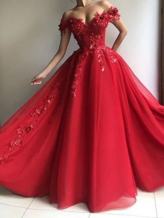 beautiful 3d floral off the shoulder red tulle long dress