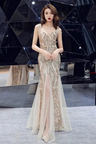 big floral pattern gold sequin sweetheart slit long dress