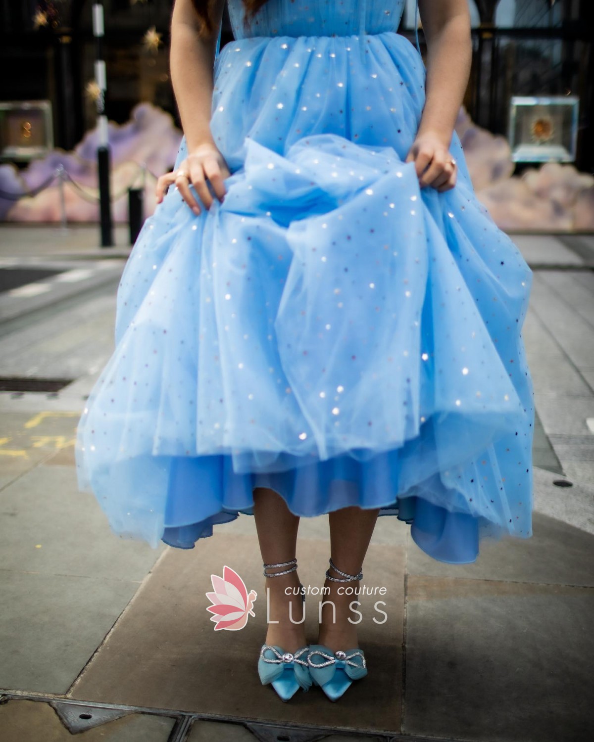 bling bling star sequins glitter blue tulle tea length party dress