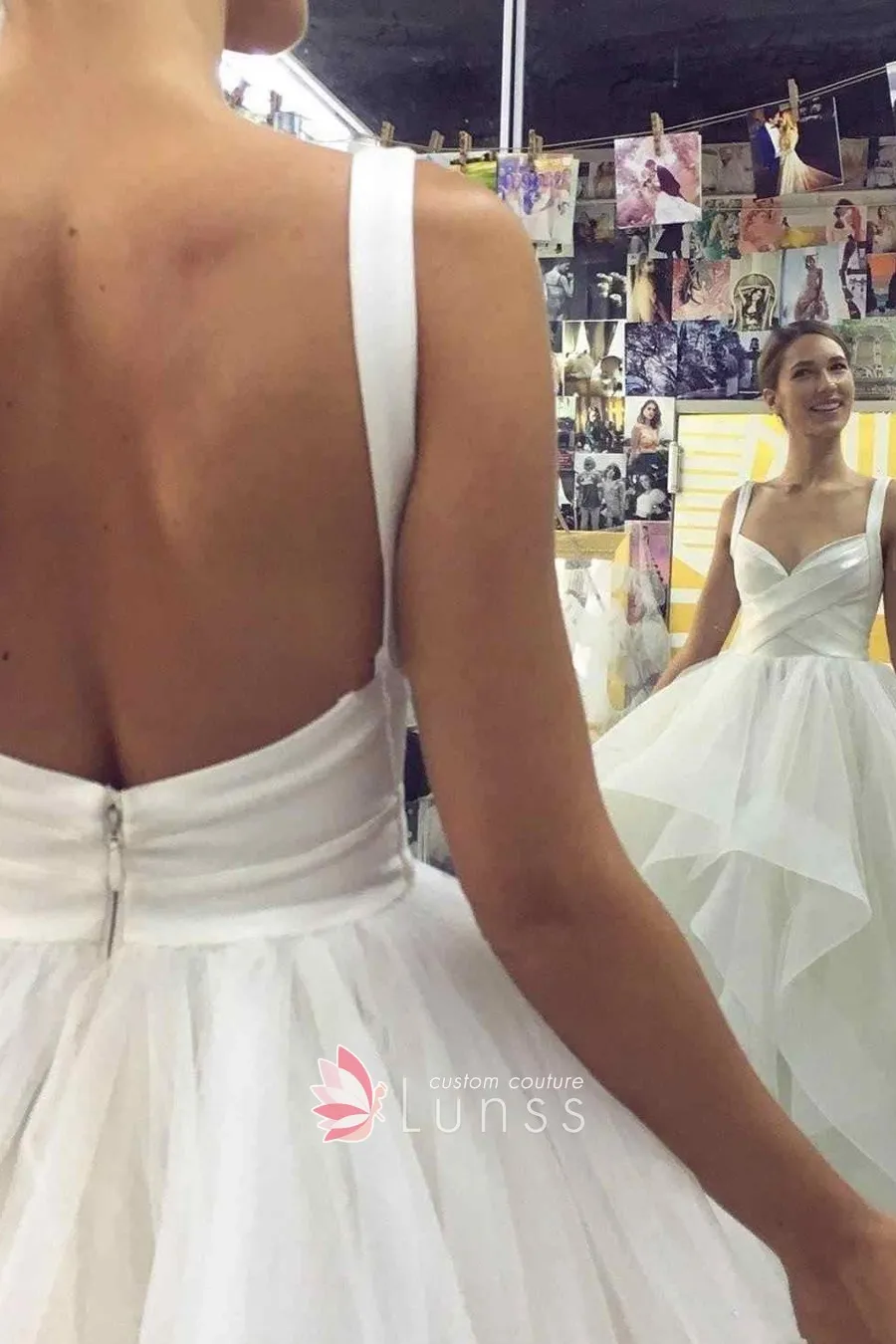 criss crossed bodice with V neckline and wide straps tullle wedding gown criss crossed bodice with V neckline and wide straps tullle wedding gown