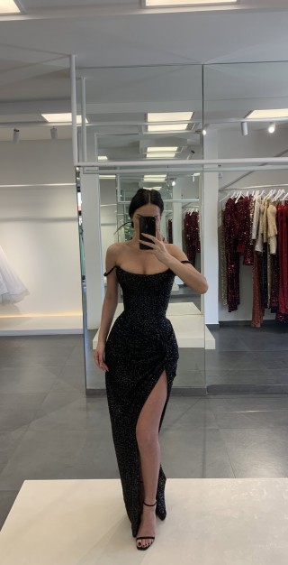 dazzling sexy off shoulder slit black sequin prom dress