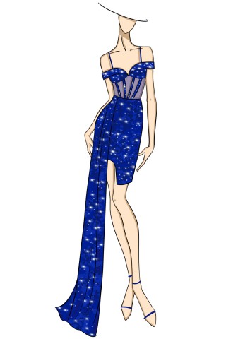 designer sketch of sparkly glitter royal blue prom dress