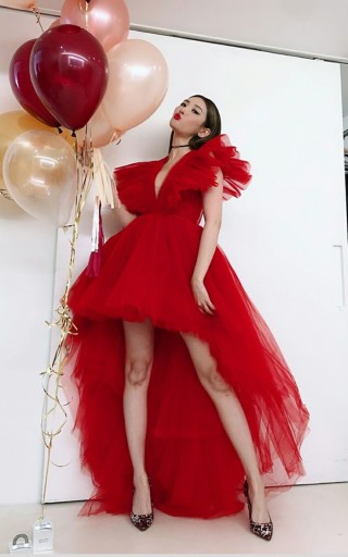 fashionable red tulle ruffled cap sleeve high low dress