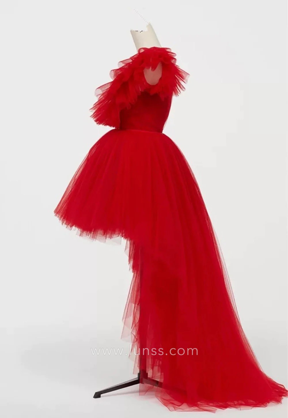 fashionable red tulle unique pleated ruffled cap sleeve high low prom dress