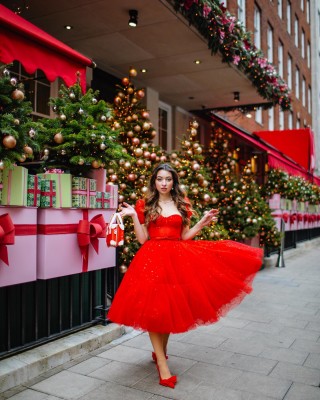 gold star sequins red tulle tea length fashion party gown