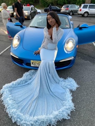 ice blue lace glitter feather african american prom dress