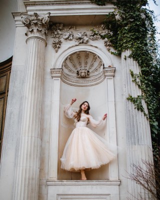 illusion dotted cream tulle long sleeve bridal dress