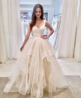 ivory white flounced tulle ball gown wedding dress