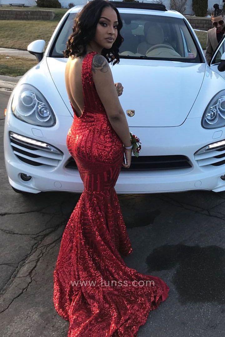 low back red striped sequin mermaid prom dress with medium length train