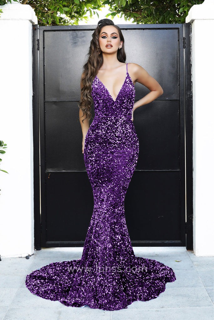 purple heavy sequins mermaid long prom gown