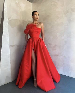 red feather and satin floor length slit prom dress