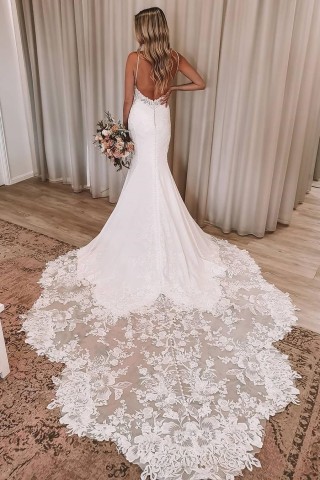 romantic scalloped lace long train mermaid wedding dress