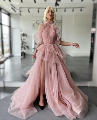 ruffled ruched pearl pink tulle designer prom dress