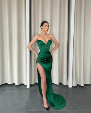 sexy sweetheart draped slit green satin evening prom gown