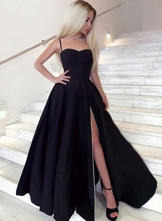 simply black satin slit a line long evening prom dress