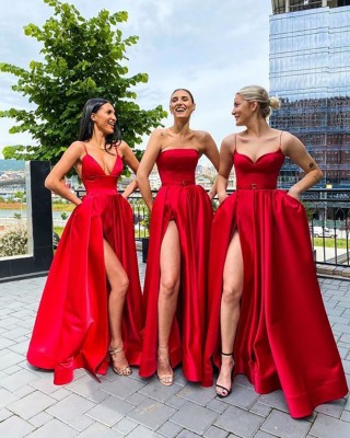 simply fashion red satin mismatched slit long prom gowns