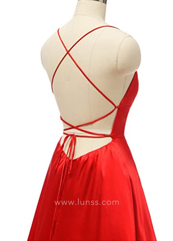 spaghetti straps low back red satin dress