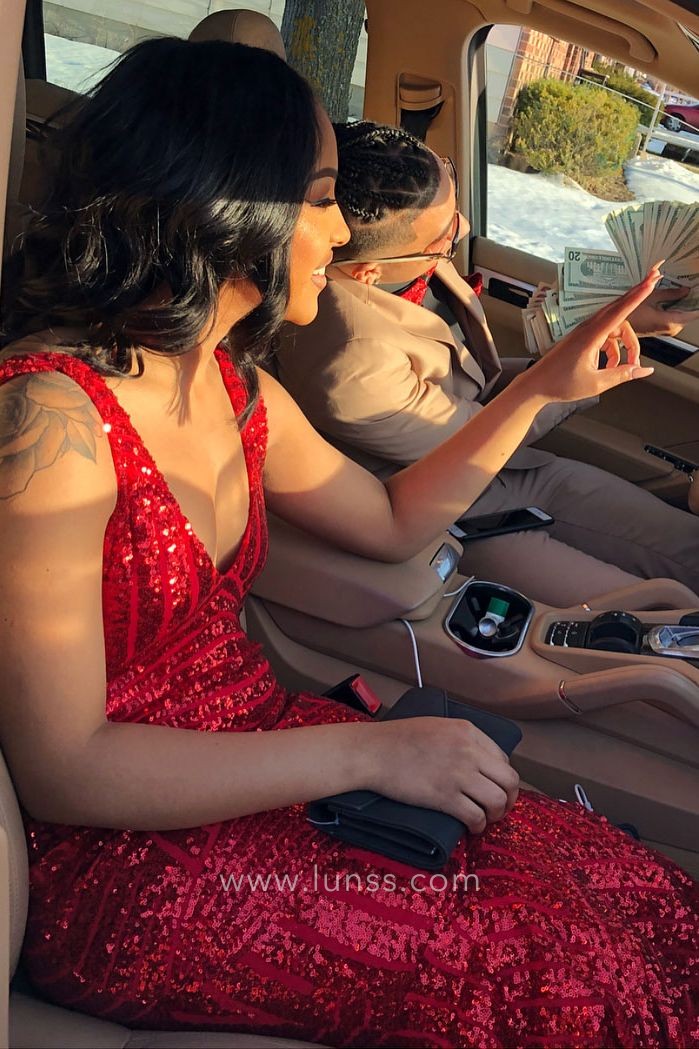 sparkly red striped sequin V neck prom dress