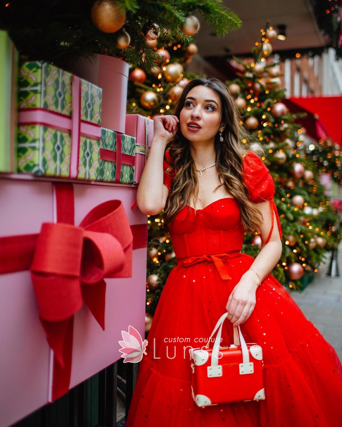 star sequins red tulle tea length gown