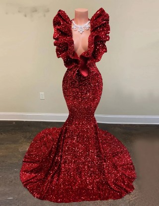whimsical ruffled neckline red sequin trumpet prom dress