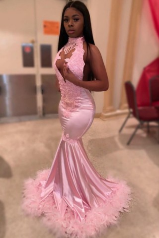 baby pink lace feather tassels african american prom gown