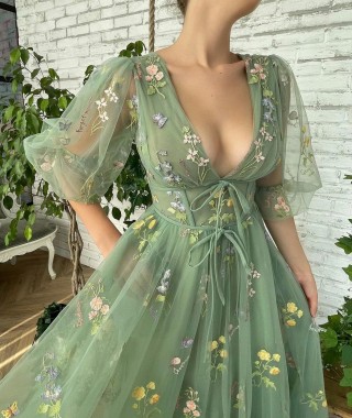 green flowers embroidered tulle midi corset party dress