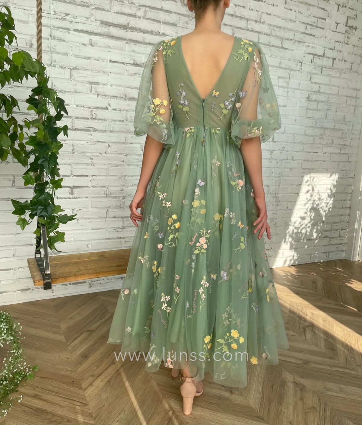 medium puffy sleeves green flowers embroidered tulle dress