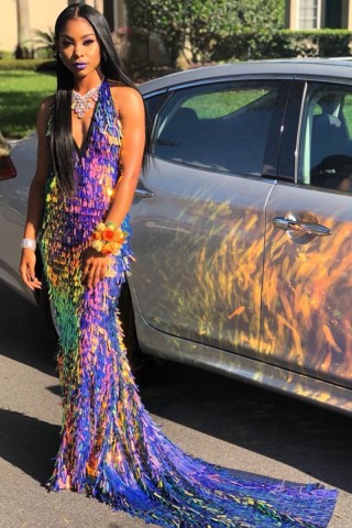 shiny narrow long sequin halter v neck mermaid prom dress