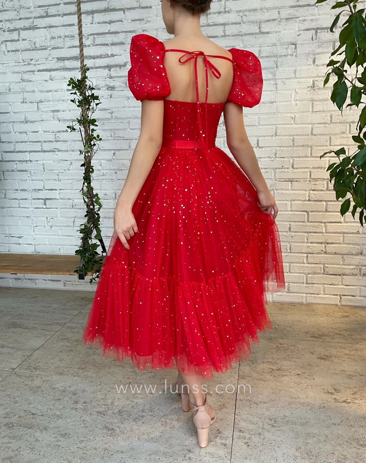 dazzling gold stars moons sequin embellished red tulle homecoming cocktail dress