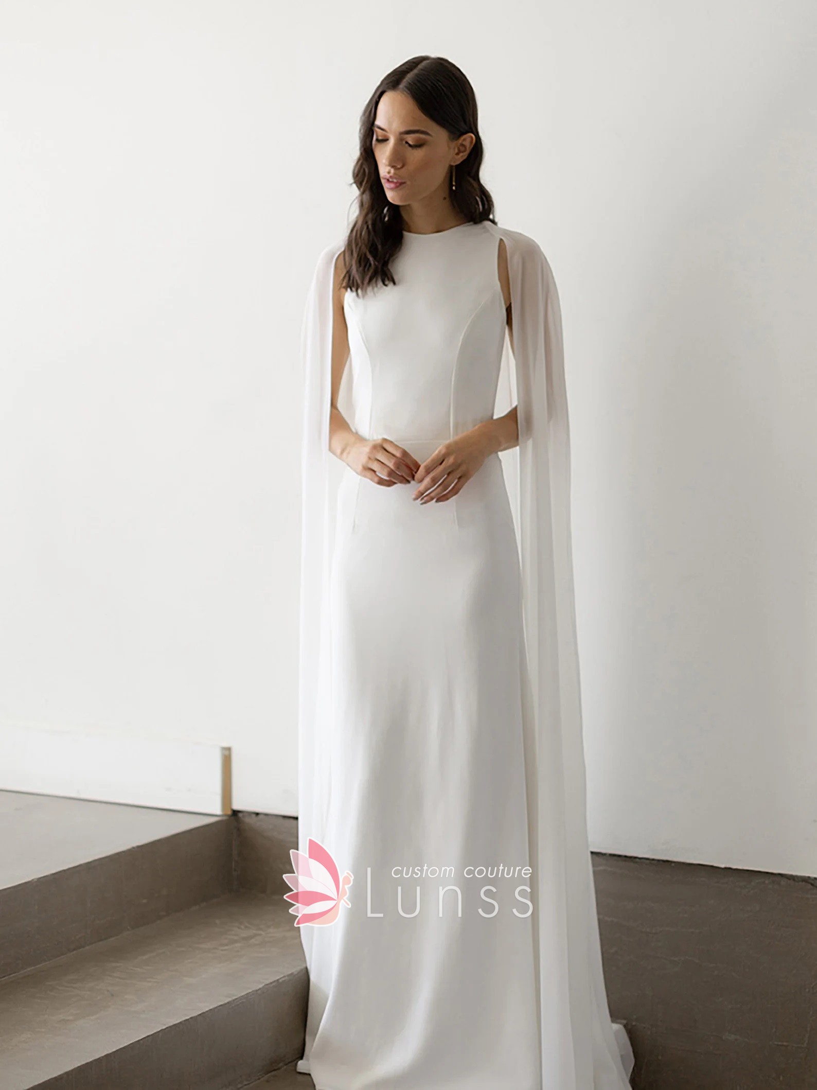 dramatic ivory cape selene wedding dress