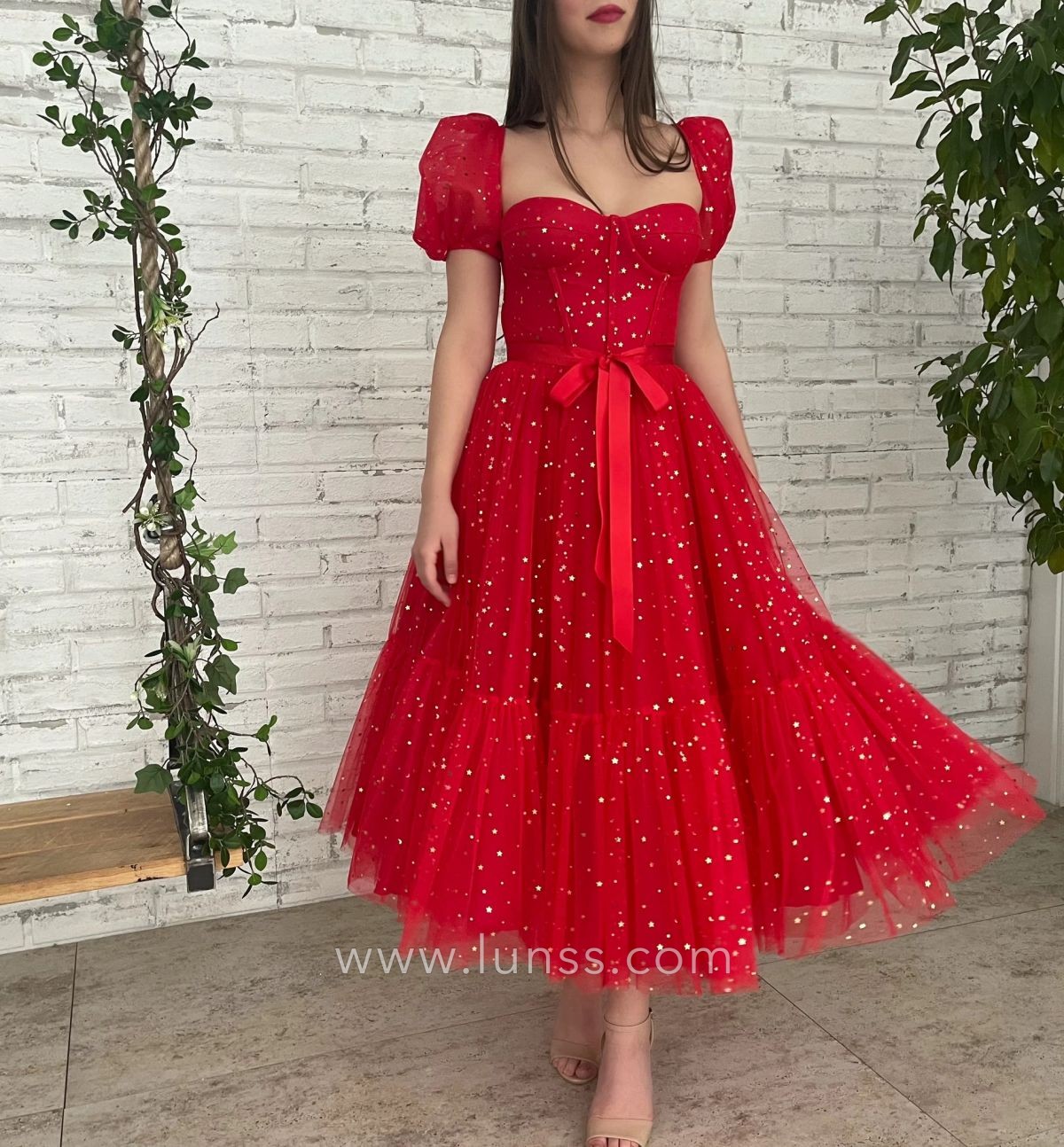 gold stars moons sequin embellished red tulle cute tea length party dress