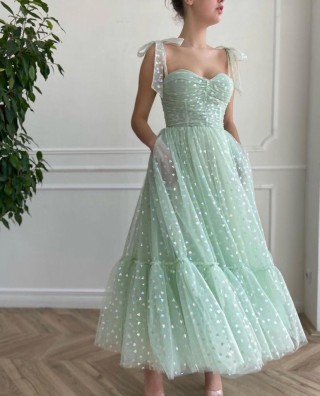 hearts printed mint green tulle tea length corset dress