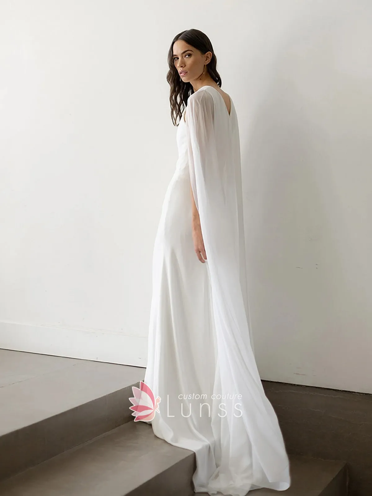 ivory chiffon cape long satin Selene wedding dress