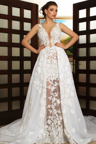 sexy sheer lace wedding dress with detachable overskirt